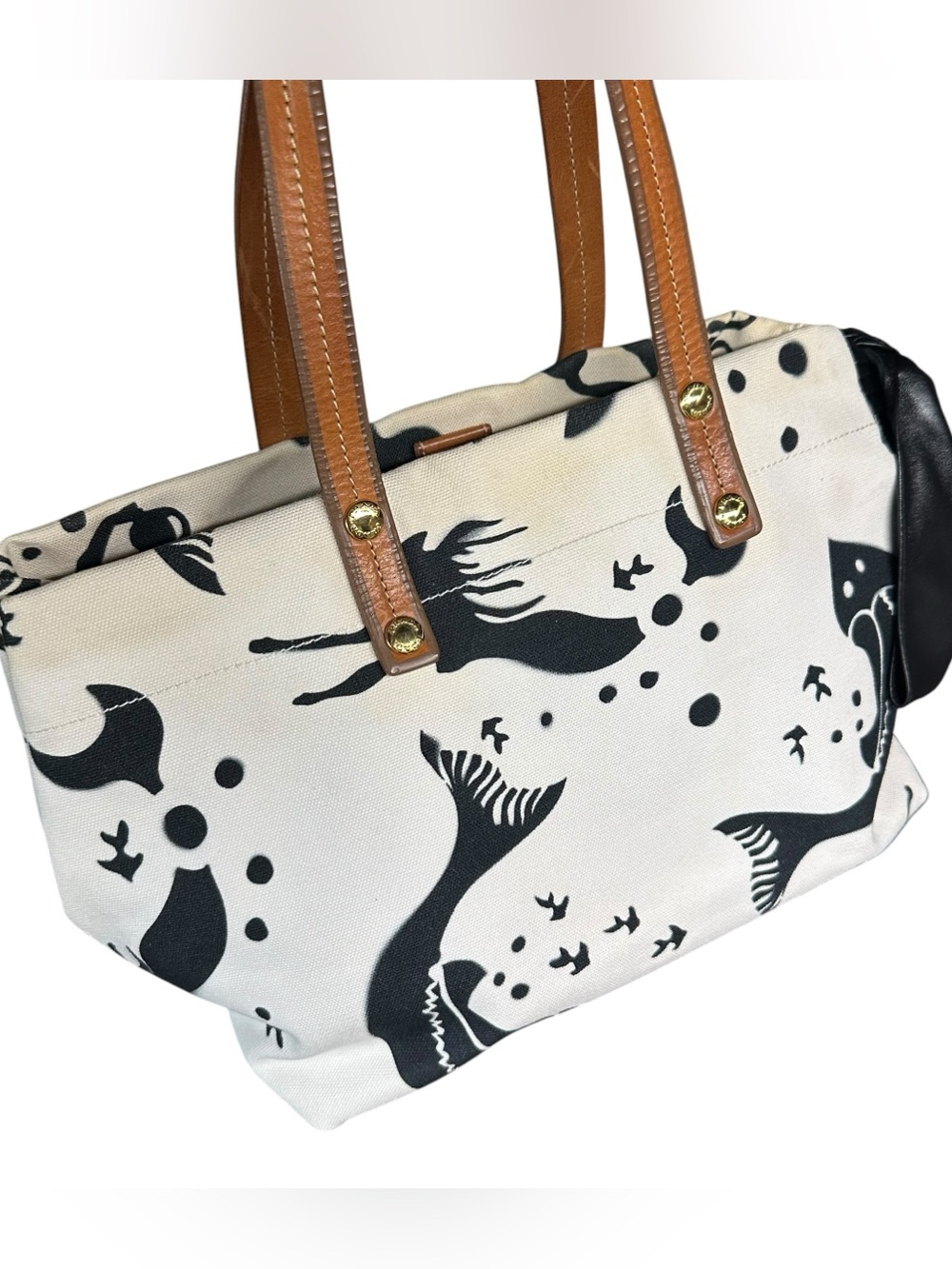 Prada White & Black Mermaid Stampata Canapa & Leather Bow Stampada Bag - Picture 14 of 15
